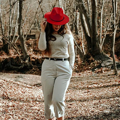 Women Two Tone Wide Brim Fedora Felt Panama Hat - color: Red/Leopard