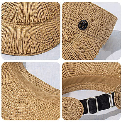 Straw Sun Visor Hat for Women, Summer Wide Brim Beach Sun Hat Roll-up Foldable Golf Visor