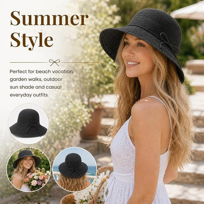 Beach Sun Hats for Women Foldable Straw Bucket Summer Hat Packable Travel - color: Black