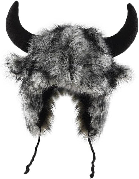 Holiberty Cute Animal Horns Ears Winter Hat Plush Fur Warm Trapper Hat Funny Viking Christmas Halloween Costume Snow Ski Hat - color: Grey, With Buffalo Horns