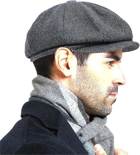 Wool Tweed Newsboy Cap for Men Paperboy Warm Winter Hat Vintage Flat Ivy Cabbie Gatsby Cap - color: Grey, size: X-Large-XX-Large