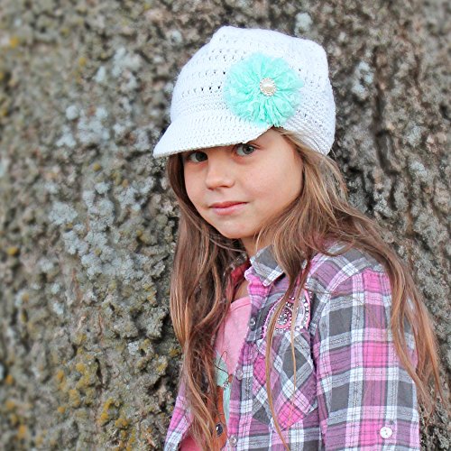 My Lello Little Girl's Newsboy Crochet Beanie Hat with Vintage Lace/Tulle Flower - color: White/Aqua, size: One Size