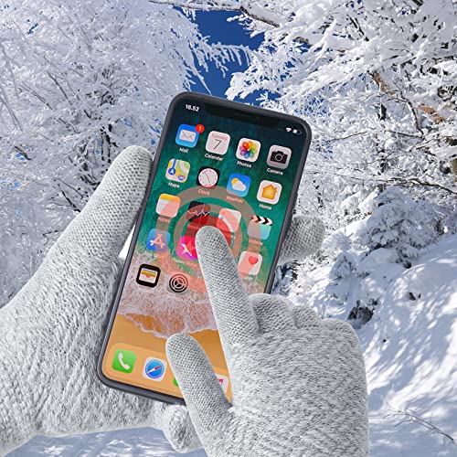 3 Pcs Women Winter Knit Beanie Hat Scarf Touchscreen Gloves Set Warm Soft Thick Fleece Lined Skull Cap with Double Pom Pom - color: Grey