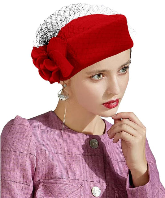 ORIDOOR Women's British Style Pillbox Church Derby Wedding Winter Vintage Fascinator Beret 100% Wool Felt Veil Hat - color: 02b-red