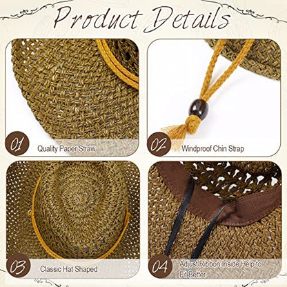 Newcotte 9 Pack Straw Cowboy Hats for Women Men - color: Khaki, Beige, Coffee