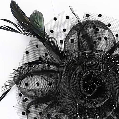 DRESHOW Fascinators Hat Flower Mesh Ribbons Feathers on a Headband and a Clip Tea Party Headwear for Girls and Women - color: 7" Black + Necklace+ Earrings+ Bracelet