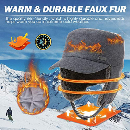 TOP-EX Oversized XL/XXL Unisex Winter Trapper Military Hat Faux Fur Earflaps Baseball Cap Quilted Lined - color: Black, size: Medium