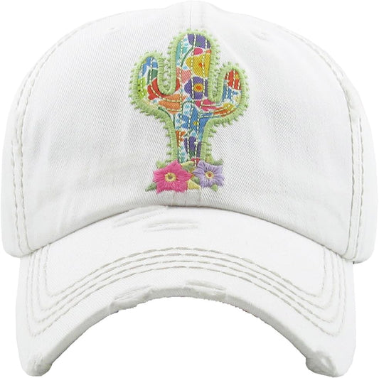 Funky Junque Distressed Baseball Cap, Vintage Embroidered Dad Hat - color: Cactus - White