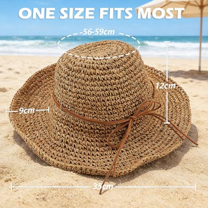 Women's Straw Bucket Sun Hat, Packable Floppy Wide Brim Beach Hat - color: Khaki a