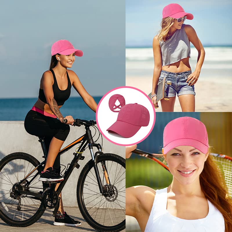 Womens Ponytail Hat Baseball Cap, Adjustable Criss Cross Baseball Cap High Bun Unisex Quick Drying Trucker Hats - color: Zrose Red