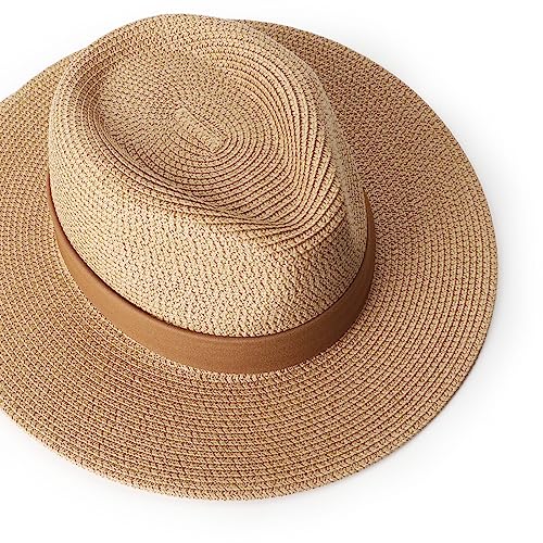 DRESHOW Women Straw Panama Hat Travel Fedora Beach Sun Hat Summer Wide Brim Straw Roll up Hat UPF 50+ - color: Z Panama Straw Hat: Brown B