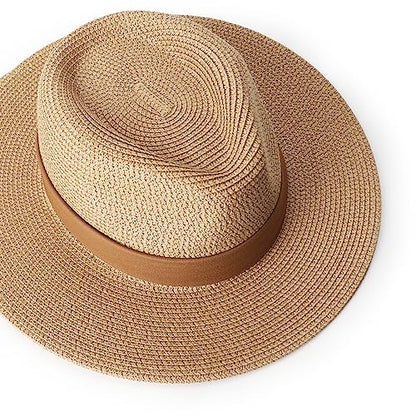 DRESHOW Women Straw Panama Hat Travel Fedora Beach Sun Hat Summer Wide Brim Straw Roll up Hat UPF 50+ - color: Z Panama Straw Hat: Brown B