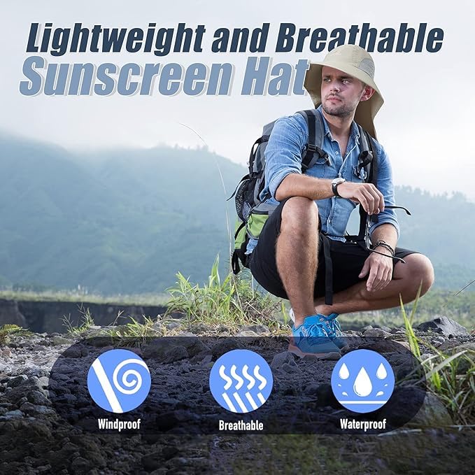 Outdoor Sun Hat for Men with 50+ UPF Protection Safari Cap Wide Brim Fishing Hat with Neck Flap, for Dad… - color: Light Grey*dark Gray