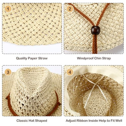 Newcotte 9 Pack Straw Cowboy Hats for Women Men - color: Beige