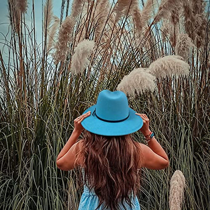 Women Two Tone Wide Brim Fedora Felt Panama Hat - color: Lake Blue/Leopard