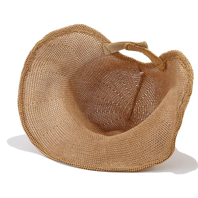 Women's French Crochet Sun Hat Floppy-Brim Straw-Bonnet-Cap Ponytail-Beach-Hats Hook-Loop-Fastener