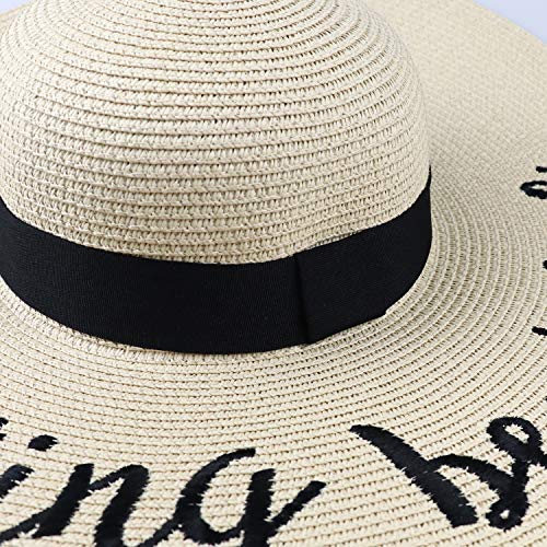 DRESHOW Big Straw Sun Hats for Women Floppy Foldable Roll up Beach Cap Sun Hat UPF 50+ Vacation Honeymoon Embroidered Hat - color: Z Resting Beach Face: Beige