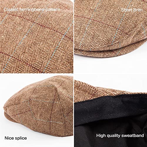 Herringbone Flat Ivy Newsboy Cap for Men 1920s Wool Blend Tweed Cabbie Hat - color: 002 Plaid Brown, size: Small-Medium