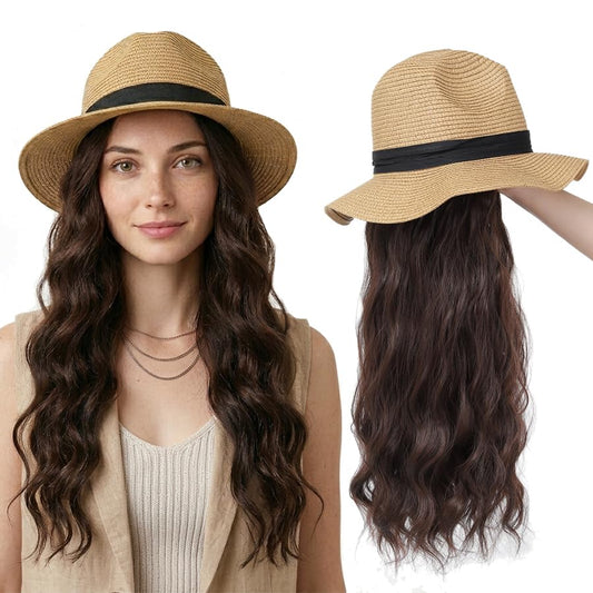 Hat Wig Panama Hat with Brown Long Wave Hair Attached for Women Khaki Color Wide Brim Straw Beach Sun Hat Wig - color: K-Brown