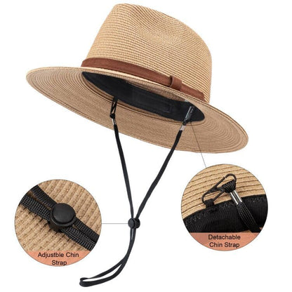 DRESHOW Women Straw Panama Hat Travel Fedora Beach Sun Hat Summer Wide Brim Straw Roll up Hat UPF 50+ - color: Ac Khaki/Belt Buckle