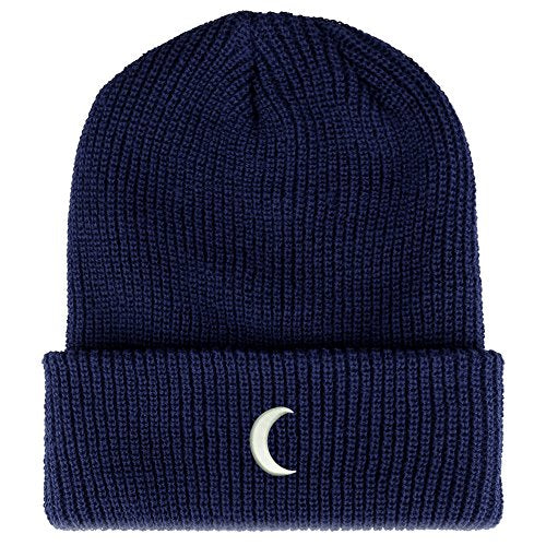 Trendy Apparel Shop Crescent Moon Embroidered Ribbed Cuffed Knit Beanie - color: Navy
