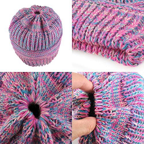Women Ponytail Beanie 2-Pack, Thick Thermal Soft Acrylic Winter Skull Cap - color: D & F