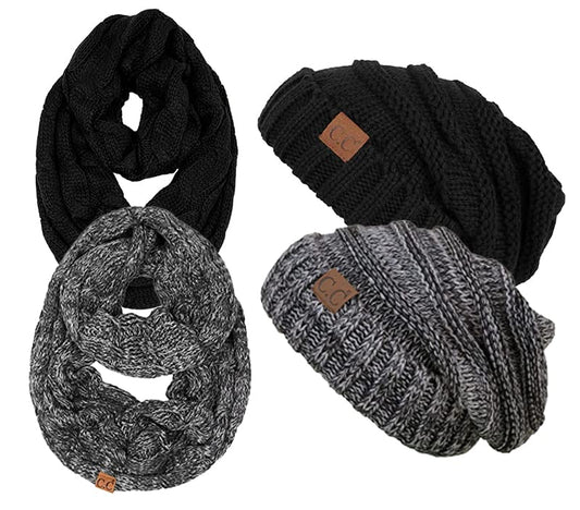 Funky Junque Slouchy Beanie & Infinity Scarf Gift Set – Matching Winter Accessories Sets for Women, Oversized Hat and Scarves - color: 2 Pack: Black & Black/Grey Mix #31