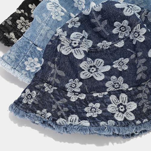 Quanhaigou Frayed Unisex Sun Hats, Fashion Beach Bucket Hat for Men Women,Summer Outdoor Boy's Girls Boonie Cap - color: Denim Floral L.blue