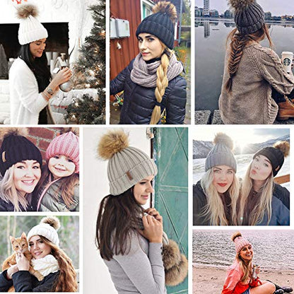 FURTALK Womens Winter Knitted Beanie Hat with Faux Fur Pom Warm Knit Skull Cap Beanie for Women - color: Smoke Gray
