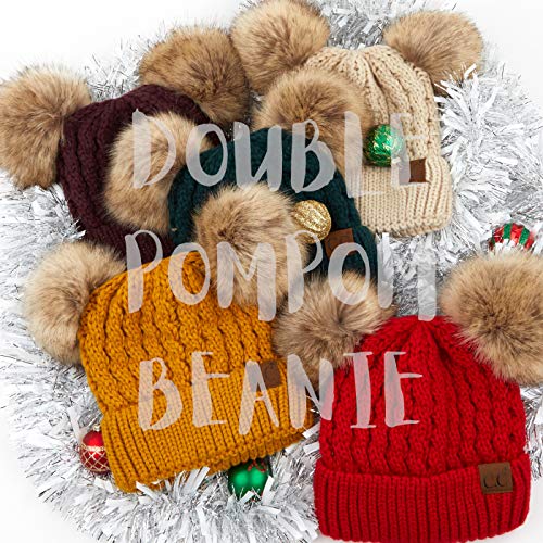 C.C Hatsandscarf Exclusives Cable Knit Double Pom Winter Beanie (HAT-2055)(HAT-23) - color: Deep Pine-natural Pom