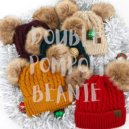 C.C Hatsandscarf Exclusives Cable Knit Double Pom Winter Beanie (HAT-2055)(HAT-23) - color: Deep Pine-natural Pom