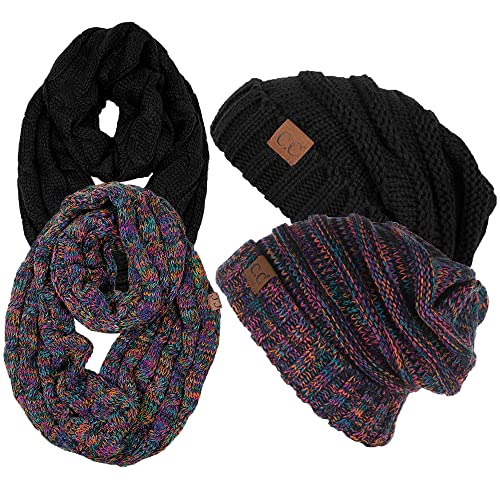 Funky Junque Slouchy Beanie & Infinity Scarf Gift Set – Matching Winter Accessories Sets for Women, Oversized Hat and Scarves - color: 2 Pack: Black & Kaleidoscope #32
