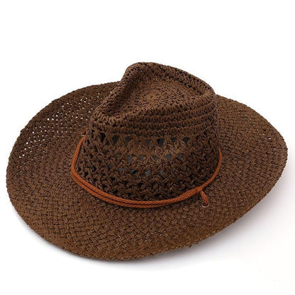 Men's Floppy Packable Straw Hat Beach Cap Newsboy Fedora Sun Hat, Big Brim, Adjustable Chin Strap - color: Brown-a