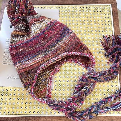 yolrdiw Women's Boho Crochet Colorful Hat Tassel Braid Winter Knit Beanie with Ear Flaps Pom Pom - color: Red