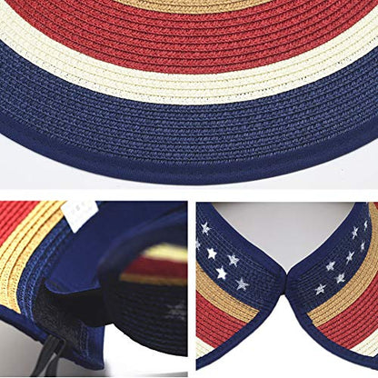 Women Sun Visors Foldable Straw Hats Summer Beach Packable Hat Floppy Wide Brim Cap Deep Style, Adjustable Size - color: American Classic