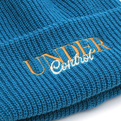 UNDERCONTROL Logo Label Patch Unisex Fall Winter Short Thick Cuffed Rollup Warm Beanie Korea Trawler Fisherman Knit Skull Hat - color: Athletic Blue