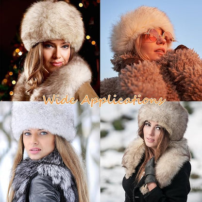 Peicees Winter Faux Fur Hat for Women Russian Style Ladies Ushanka Warm Fluffy Bucket Hat Fuzzy Furry Cap - color: Light Khaki