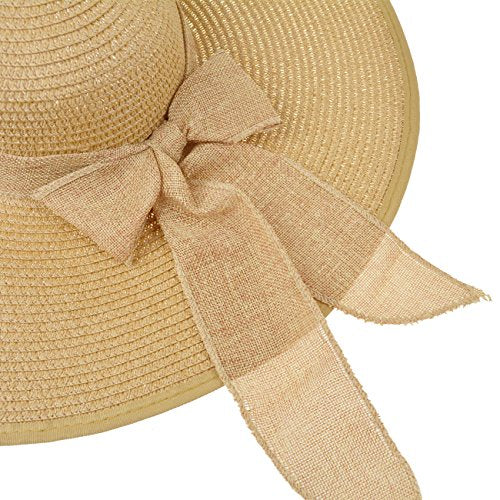DRESHOW Big Straw Sun Hats for Women Floppy Foldable Roll up Beach Cap Sun Hat UPF 50+ Vacation Honeymoon Embroidered Hat - color: Aca Khaki 5.9' Brim