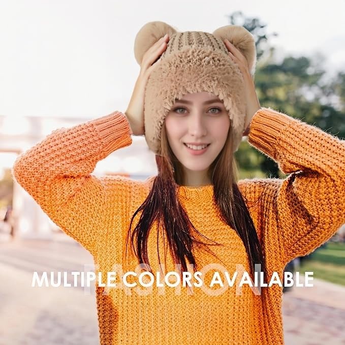 Womens Winter Knitted Beanie Hat with Double Faux Fur Pompom Fuzzy Warm Knit Ski Skull Cap for Women - color: Pink