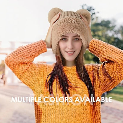 Womens Winter Knitted Beanie Hat with Double Faux Fur Pompom Fuzzy Warm Knit Ski Skull Cap for Women - color: Pink