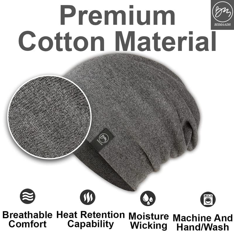 BISMAADH Unisex Soft Cotton Fashion Slouchy Beanie Headwear Skull Hair Cover Sleep Cap Hat for Frizzy Natural Curly Hair - color: Milange Dark Grey
