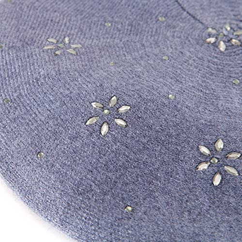 LADYBRO Rhinestone Beret Hats for Women 2 Layers Wool Knit Cap Lady Winter - color: Blue (Floral Pattern)