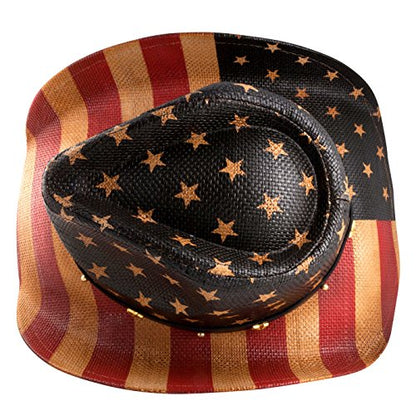 grinderPUNCH Straw Cowboy Hat for Men Women Western Cowgirl Outback Sun Hat - color: Antique Flag