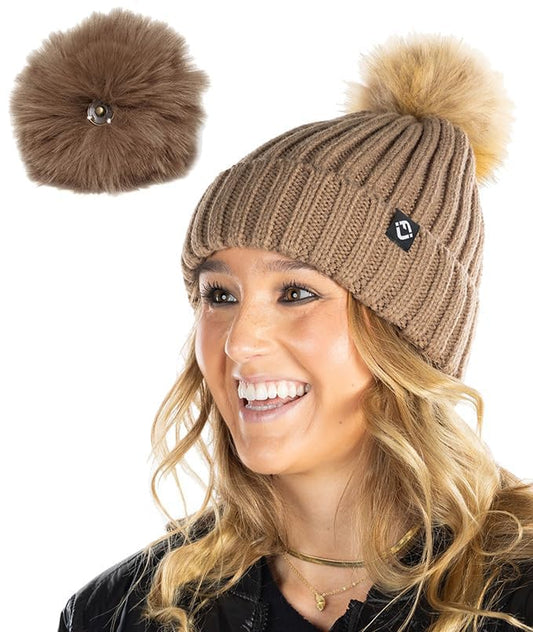 Funky Junque Women’s Winter Detachable Pom Beanie – Warm Knit Hat with Removable Faux Fur Pom, Soft Stretch Acrylic Cozy Cap - color: Taupe