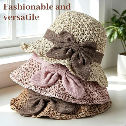 Elegant Woven Straw Sun Hat with Bow, Straw Hat with Retro Bow for Women Wide Brim Packable Travel Bucket Hats - color: Beige