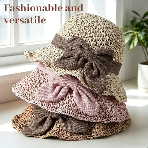 Elegant Woven Straw Sun Hat with Bow, Straw Hat with Retro Bow, Womens Straw Hat Wide Brim Bucket Foldable Breathable - color: Khaki