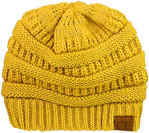 C.C Unisex Chunky Soft Stretch Cable Knit Warm Fuzzy Lined Skully Beanie - color: Mustard