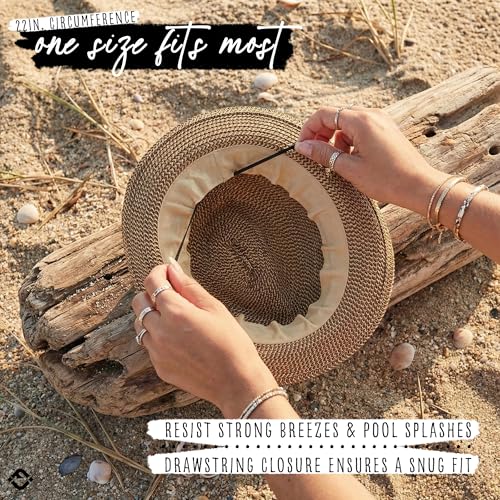 Funky Junque Short Brim Fedora Packable Sun Hat for Women - color: Brown Multi W/ Beaded Ropes