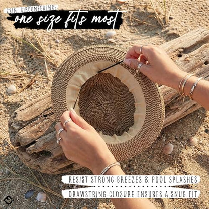 Funky Junque Short Brim Fedora Packable Sun Hat for Women - color: Brown Multi W/ Beaded Ropes