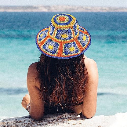 Womens Multicolor Floral Crochet Straw Sun Hat Wide Brim Summer Beach Hat - color: Blue